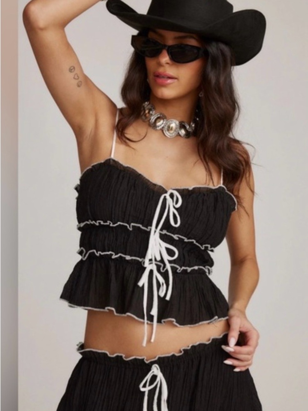 12th Tribe Black Ruffle Tie-Front Cropped Cami Top